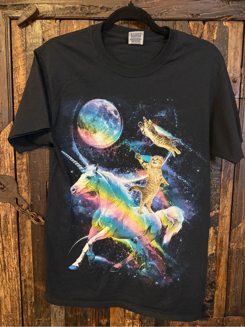 Y2K Fruit of the Loom Heavy HD Cat Unicorn Galaxy Graphic T Shirt Small Black